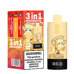 Bang King vape device and packaging featuring 3 adjustable flavors: strawberry kiwi, Red Bull, and watermelon ice, with a cartoon monkey wearing a suit and halo, and a nicotine warning label.