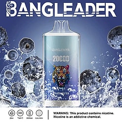 BANGLEADER disposable vape device labeled 'Blueberry Ice' with a colorful tiger graphic, surrounded by blueberries and splashing water, indicating the flavor; text at bottom warns nicotine addictiveness.