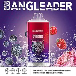 BANGLEADER branded vape device with 20000 puffs capacity, blueberry raspberry flavor, surrounded by splashing water, blueberries, and raspberries on a purple background with nicotine warning text below.