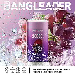 BANGLEADER disposable vape device with grape ice flavor, surrounded by splashing water, ice cubes, and ripe grapes on a purple background, highlighting 20000 puffs and a roaring tiger logo.