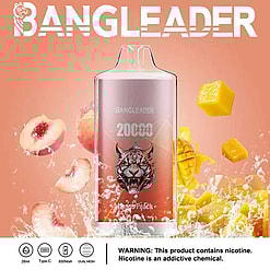 BANGLEADER branded mango peach flavored disposable vape device with 20,000 puffs, surrounded by splashing peach and mango fruit pieces on an orange background with a nicotine warning below