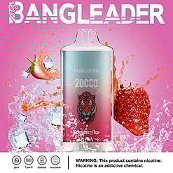 BANGLEADER branded vape device with a tiger logo, labeled for 20000 puffs in strawberry ice flavor, surrounded by splashes of water, ice cubes, and strawberries on a pink background with a nicotine warning below.