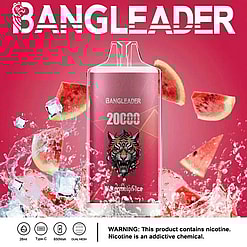 Pink disposable vape device labeled Bangleader with tiger graphic, surrounded by splashes of water, ice cubes, and watermelon slices on a pink background, indicating watermelon ice flavor and 20,000 puffs capacity.