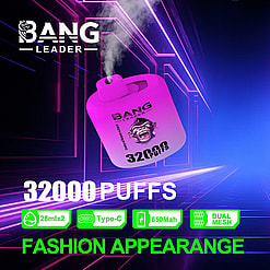 Advertising image of a purple Bang Leader vape device emitting vapor, highlighting 32,000 puffs, 28 ml e-liquid capacity, Type-C charging, 650 mAh battery, and dual mesh technology against a futuristic neon background