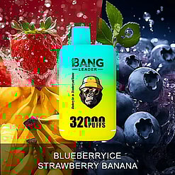 A yellow and blue vape device labeled Bang Leader 32000 PUFFS surrounded by fresh strawberries splashing in water, blueberries on ice with mint leaves, and bunches of ripe bananas, indicating blueberry ice, strawberry, and banana flavors.
