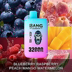 A colorful vape device labeled 'Bang Leader' offering 3200 puffs, surrounded by fresh blueberries, raspberries, peaches, mango slices, and watermelon, highlighting the mixed fruit flavors.