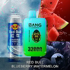 Bang Leader 32000 puffs vape device with Red Bull Blueberry Watermelon flavor, shown with a Red Bull can in ice, watermelon slices, and blueberries in water droplets.