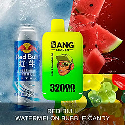Two beverage containers side by side with a split background: left side shows a Red Bull can with Chinese characters on icy blue background, right side shows a bright yellow and green Bang Leader vape device with watermelon bubble candy flavor, set against splashing watermelon and gummy bears on a red and yellow background.