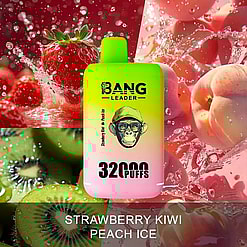 A BANG Leader disposable vape device in gradient lime green to pink with 'Strawberry Kiwi Peach Ice' flavor text, surrounded by splashes of fresh strawberries, peaches, and sliced kiwis.