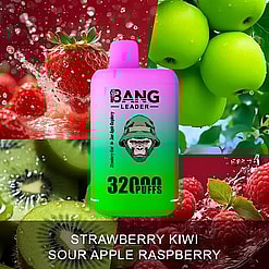 A colorful disposable vape device labeled 'BANG LEADER 3200 PUFFS' with a strawberry kiwi sour apple raspberry flavor, set against a background collage of strawberries, green apples, kiwis, and raspberries splashing in water.