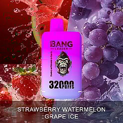 Bright pink and purple vape device labeled 'BANG LEADER 32000 PUFFS' with an angry gorilla logo, surrounded by splashing fresh strawberries, watermelon, and purple grapes on a vibrant background.