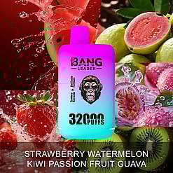 Vape device with a gradient purple to blue body labeled BANG LEADER, featuring blurred face artwork in headphones and text indicating 3200 puffs, surrounded by splashing water images of strawberry, watermelon, kiwi, passion fruit, and guava.