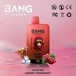 Bang Leader disposable vape device with a red monkey wearing sunglasses and a hood on the label, flavor indicated as Cola Ice Cherry Cranberry, accompanied by images of a cola splash with ice cubes and fresh cherries on a pink background, 45000 puffs capacity displayed.