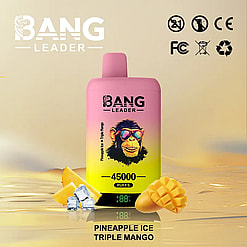 Pink and yellow gradient disposable vape device with a cartoon monkey wearing sunglasses, labeled Bang Leader with flavor Pineapple Ice Triple Mango and 45000 puffs, placed on a surface with ice cubes, pineapple, and a mango slice alongside it, with various certification logos in the background.