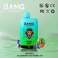 A green and blue Bang Leader disposable vape device with 45000 puffs, accompanied by a can of Red Bull, blueberries, and a sliced watermelon on a shiny green surface with recycling and certification icons in the top right corner.