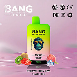 Bang Leader brand disposable vape device in green and pink gradient with a blue monkey wearing orange sunglasses, labeled with 45000 puffs and strawberry, kiwi, and peach ice flavor indicated, surrounded by images of kiwi, strawberries, peach, and ice cubes on a pink reflective surface with certification symbols in the background