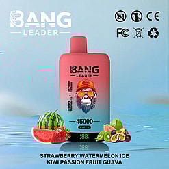 Red and blue gradient Bang Leader vape device featuring a gorilla with orange sunglasses and hat, surrounded by strawberry, watermelon, kiwi, passion fruit, and guava on a light blue background, indicating 45000 puffs.