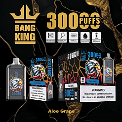 Bang King Aloe Grape disposable vape device and packaging featuring an eagle graphic, advertising 300 puffs, mesh coil, type-C charging, 650mAh capacity, with nicotine warning labels