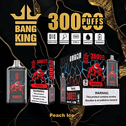Bang King Peach Ice disposable vape devices and packaging featuring a red bull graphic, highlighting 3000 puffs, mesh coil, Type-C charging, capacity, and 650mAh battery with nicotine warning labels.