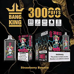 Bang King brand disposable vape devices and packaging with a mermaid illustration and flavor labeled as Strawberry Banana, featuring 300 puffs, mesh coil, type-C charging, 650mAh capacity, on a black and gold background.