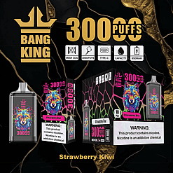 Bang King vape device and packaging in strawberry kiwi flavor featuring a colorful wolf illustration, 300 puffs, mesh coil, type-C charging, 650mAh capacity, and nicotine warning labels on a black and gold background.