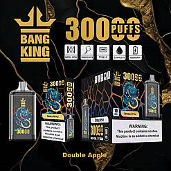 Bang King disposable vape device and packaging for Double Apple flavor, featuring a dragon graphic and highlighting 3000 puffs, mesh coil, Type-C charging, and 650mAh battery capacity