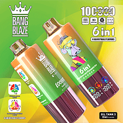 Two Bang Blaze disposable vape devices with gradient green, yellow, and purple colors, featuring a cartoon ape illustration and flavor indicators like Peach Ice and Blackcurrant Pineapple Ice, on a vibrant green and yellow background with product benefits and adjustable flavor modes displayed