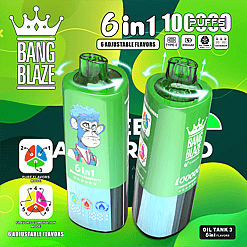 Two green Bang Blaze 6-in-1 flavored vape devices with blue monkey cartoon artwork, showing 6 adjustable flavors, 100,000 puffs capacity, type-C charging, 850mAh battery, oil tank with 3 flavor modes, and LED screens on a green and blue background.