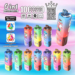 Ten colorful 6-in-1 adjustable flavor vape devices featuring cartoon monkey designs, displayed on a gradient background with product features including 10 puffs, Type-C charging, 850mAh battery, oil tank 3 technology, LED screen, and Bang Blaze branding.