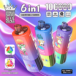 Three colorful Bang Blaze 6-in-1 disposable vape devices featuring cartoon monkey characters, set against a vibrant purple and blue gradient background with text detailing 6 adjustable flavors, 10 puffs, Type-C charging, 850mAh battery, oil tank with 3 flavors, and LED screen.