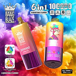 Two colorful Bang Blaze vape devices against a vibrant, smoky background; one device labeled '100000 Blueberry Ice' showing purple and yellow gradient, the other with a cartoon monkey illustration shows digital displays and symbols indicating 6 adjustable flavors, 100 PUFFS, USB Type-C, 850mAh battery, and Oil Tank 3 technology.