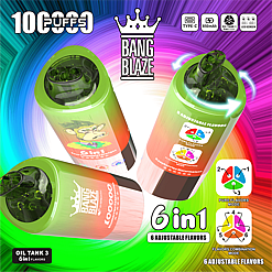 Three green and orange gradient Bang Blaze 6-in-1 vape devices with cartoon monkey logo and adjustable flavor settings displayed against a colorful spiral background with icons for Type-C charging, 850mAh battery, oil tank 3, and LED screen