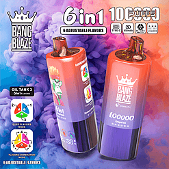 Two gradient purple and orange disposable vaping devices standing upright against a smoky blue, purple, and orange background, displaying branding 'Bang Blaze' and features text including '6 in 1', '10000 puffs', '6 adjustable flavors', and icons for Type-C charging, 850mAh battery, 6-in-1 oil tank, and LED screen.