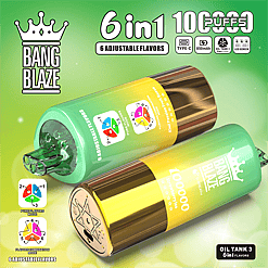 Two cylindrical Bang Blaze vaping devices in green and gold gradient with mouthpieces and markings for 6 adjustable flavors, placed on a green gradient background with icons indicating 6 in 1 adjustable flavors, 100 puffs, Type-C charging, 850mAh battery, oil tank with 3 tanks and LED screen.