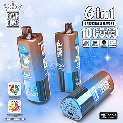 Three Bang Blaze 6-in-1 disposable vape devices with blue and brown gradient design, featuring a cartoon monkey wearing a cap, displayed against a snowy blue background, highlighting features like 100000 puffs, 6 adjustable flavors, Type-C charging, 850mAh battery, Oil Tank 3 technology, and LED screen.
