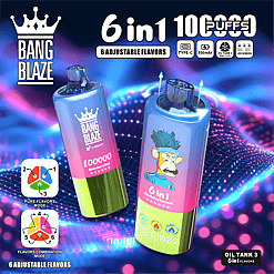 Two cylindrical vape devices with gradient color from blue to pink to green, featuring 'Bang Blaze' branding and a cartoon monkey graphic, set against a blue and purple abstract digital background with text highlighting features like '6 in 1', '100000 puffs', '6 adjustable flavors', and icons for Type-C charging, 850 mAh battery, and LED screen.