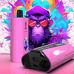 Two pink Bang King vape devices positioned in front of a colorful psychedelic background featuring a purple monkey wearing a purple beret and orange sunglasses.