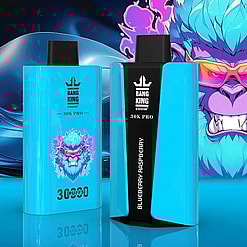 Two blue and black Bang King 30K Pro vape devices with a blue-furred cartoon gorilla wearing orange sunglasses and a purple background design, labeled with blueberry raspberry flavor and 30000 puffs.