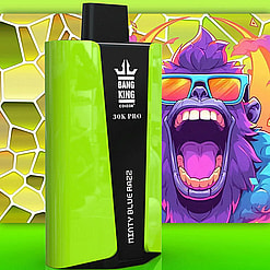 Green and black Bang King Color 30K Pro device labeled Minty Blue Razz with a colorful animated purple gorilla wearing blue sunglasses in the background