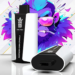 Two sleek vape devices labeled Bang King 30K Pro Raspberry Dark Sparkle in front of a colorful graffiti-style purple gorilla wearing pink sunglasses and holding a cigarette.