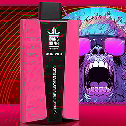 Pink and black Bang King Color 30K Pro vaping device labeled Strawberry Watermelon with a colorful roaring gorilla wearing purple sunglasses illustration in the background.