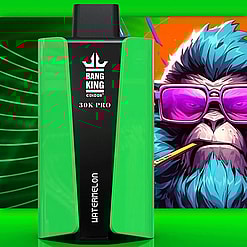 Green and black Bang King Color 30K PRO vape device labeled Watermelon with stylized monkey wearing purple glasses in the background