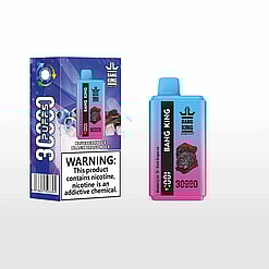 Disposable Bang King vaping device and its box with blueberry ice and black dragon ice flavors, warning label about nicotine addiction, and 3000 puffs indicated