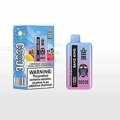 Bang King disposable vape device and packaging with blueberry raspberry peach mango watermelon flavor, featuring a purple and blue color gradient and a gorilla wearing goggles illustration.