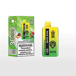 Bang King Red Bull Watermelon Bubble Candy disposable vape device in yellow and green with a gorilla logo and a warning label about nicotine on the packaging box with colorful candy and watermelon images.