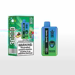 Bang King disposable vape device and its green and blue packaging, with flavors labeled as Red Bull, Blueberry, and Watermelon, and a prominent nicotine addiction warning.