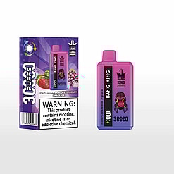 Purple and pink Bang King disposable vape device and its box featuring strawberry, watermelon, and grape images with a nicotine warning label.