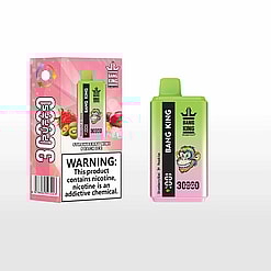 Bang King disposable vape device and its pink packaging box with images of strawberry, kiwi, and peach, featuring a colorful cartoon monkey face and a nicotine warning label