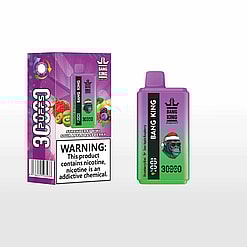 Bang King disposable vape device and its packaging in green and purple gradient with a Santa gorilla wearing sunglasses illustration, flavor labeled as Strawberry Kiwi Sour Apple Raspberry, with a nicotine warning on the box.