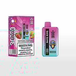 Bang King disposable vape device and its packaging featuring a colorful gradient design and an illustrated monkey with headphones, labeled with flavors strawberry, watermelon, kiwi, passion fruit, and guava, along with a nicotine addiction warning.